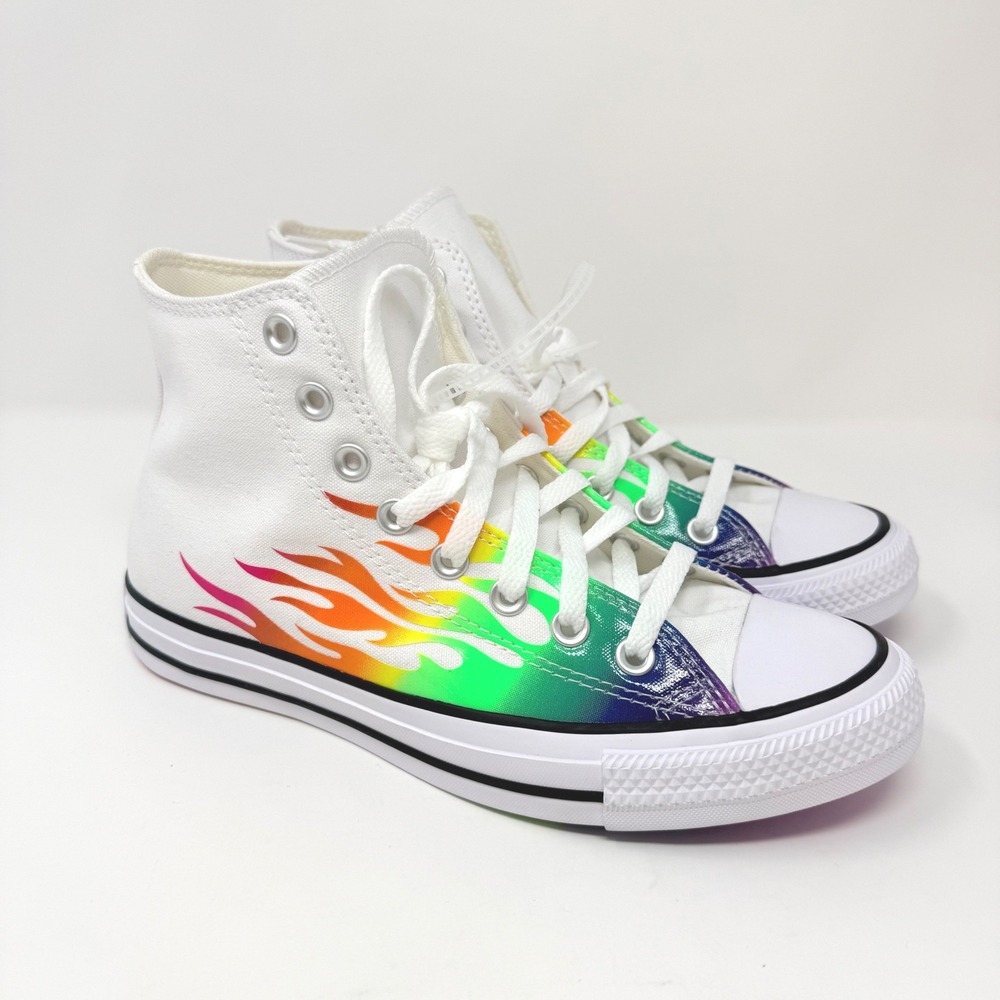 Converse Chuck Taylor All Star Pride Rainbow Flame High Top White Womens 8.5 NEW